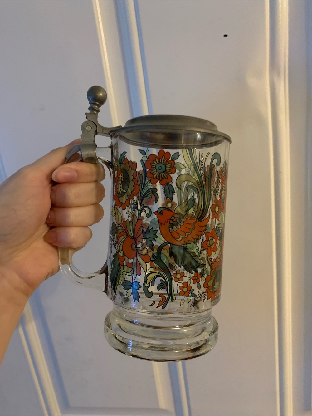 vintage italy clear glass beer stein Floral Bird design